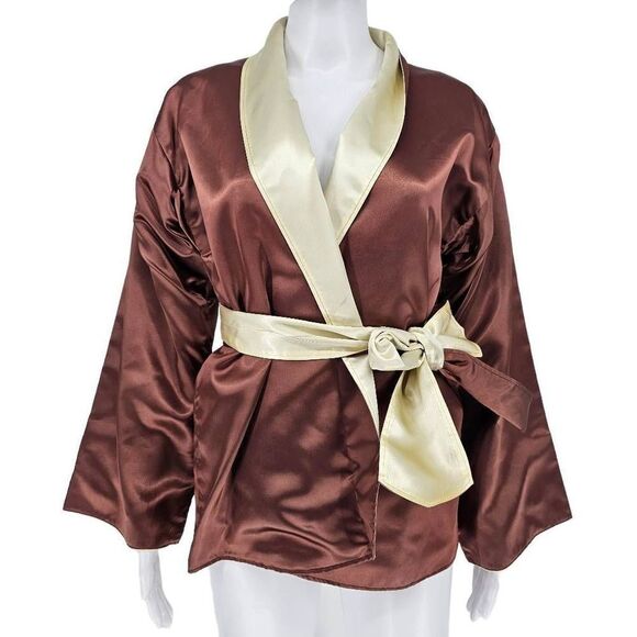 No Brand Jackets & Blazers - Vintage Satin Robe Blazer Jacket with Belt Brown Cream